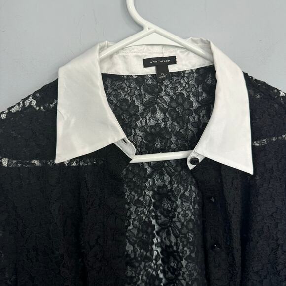 Ann Taylor Black Lace Button Down Top w/ White Accents Size 6 Classic Look - Picture 5 of 9